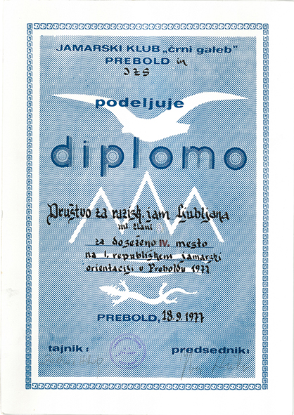 1977 - Diploma JK Prebold in JZS - za 4. mesto (mlajši člani) v jamarski orientaciji