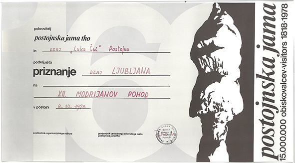 1978 - Priznanje Postojnske jame in DZRJ Postojna - za Modrijanov pohod