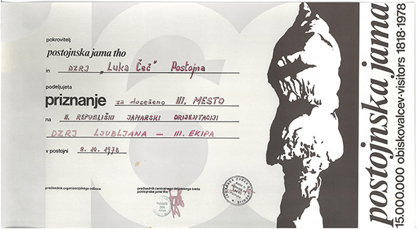 1978 - Priznanje Postojnske jame in DZRJ Postojna - za 3. mesto v jamarski orientaciji