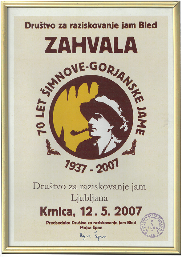 2007- Zahvala DZRJ Bled ob 70 letnici Šimnove jame